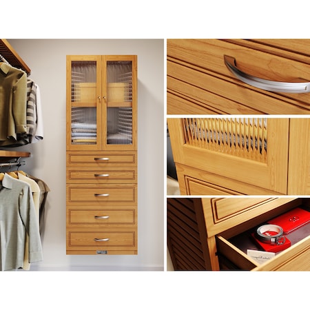 John Louis Home Solid Wood 16in. Deep 5 Drawer and Glass Door Storage Tower Honey Maple JLH-306WC-H-GD